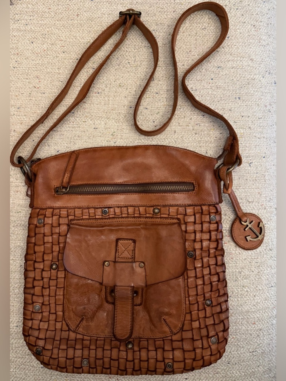 Harbour 2nd Woven Leather Crossbody Bag with Front Pocket - Cognac